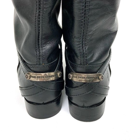 Frye  Lindsay Black Riding Pull On Boots Knee-High Metal Plate Sz 6 - Picture 2 of 16